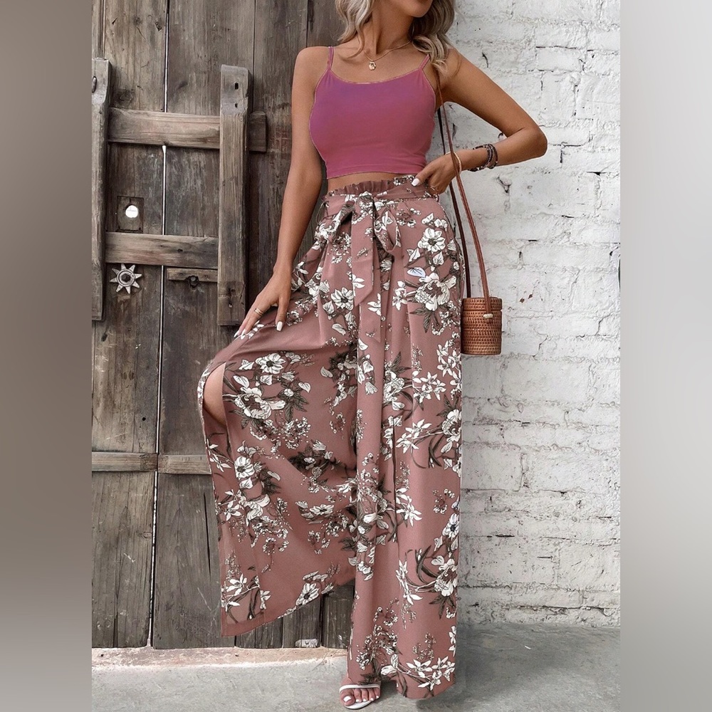LAST ONE 🔥 Pink Cami Top & Floral Print Split Thigh Belted Wide Leg Pants * - Picture 2 of 4